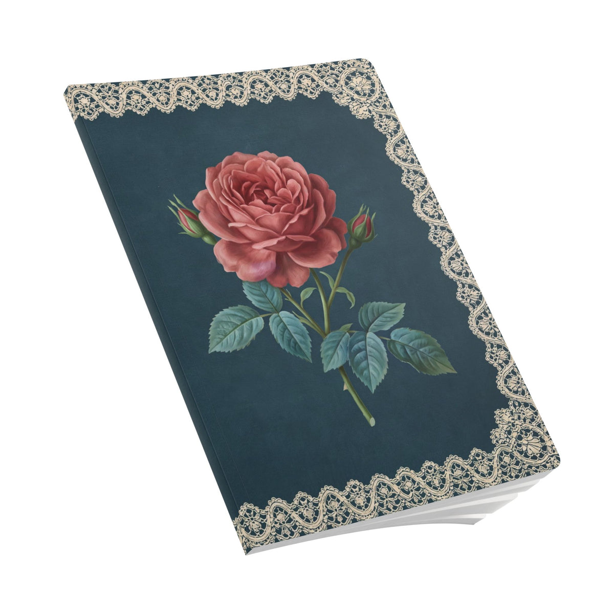 June birth flower journal with red rose oil painting art and lace border on a teal cover, view 9