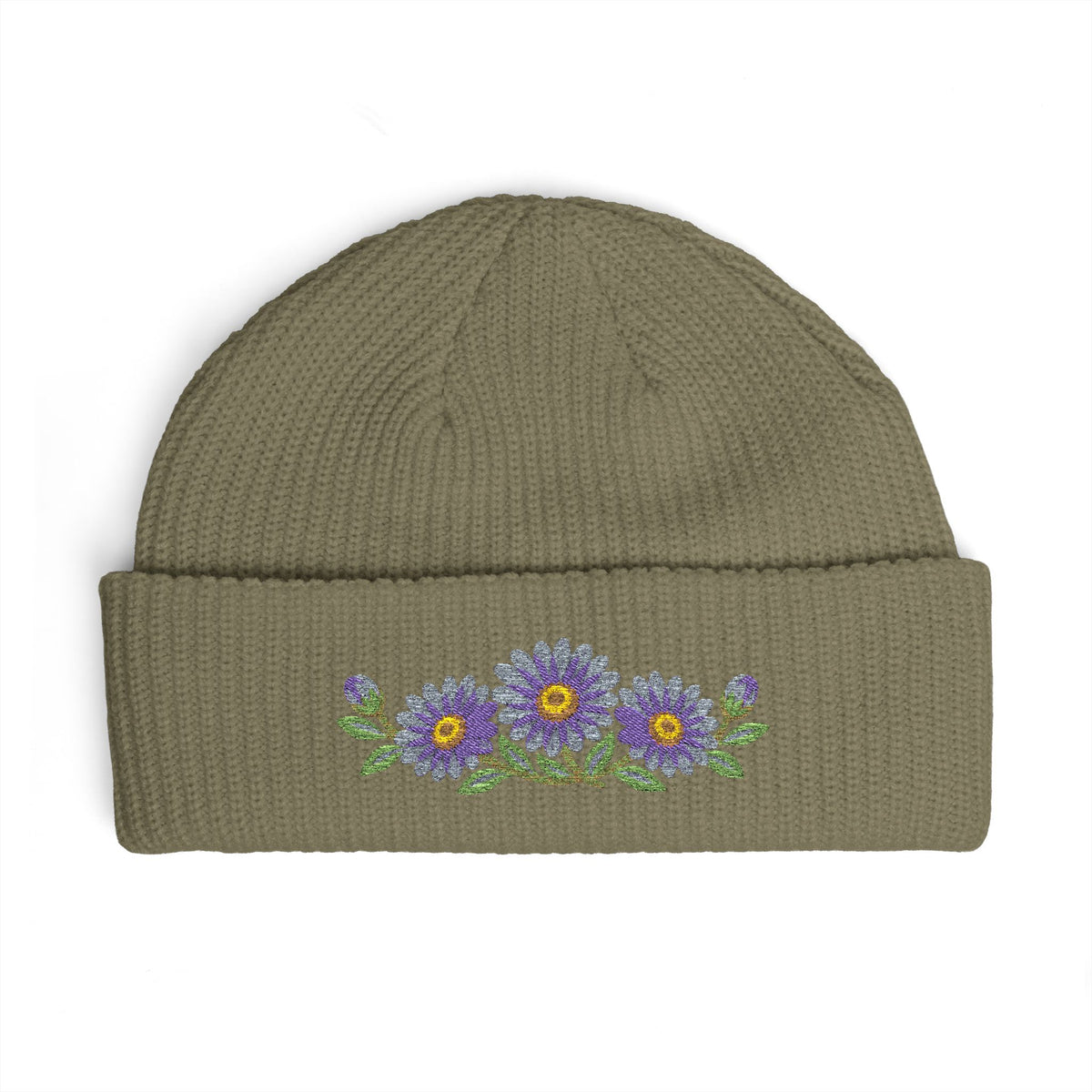 Cuffed knit beanie embroidered with the aster, September birth flower, view 5