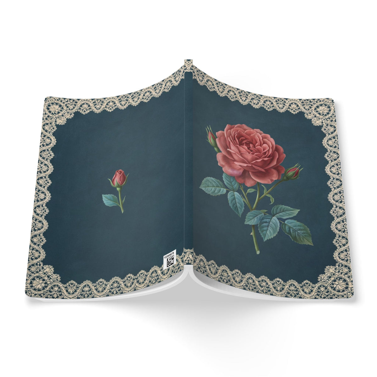 June birth flower journal with red rose oil painting art and lace border on a teal cover, view 8