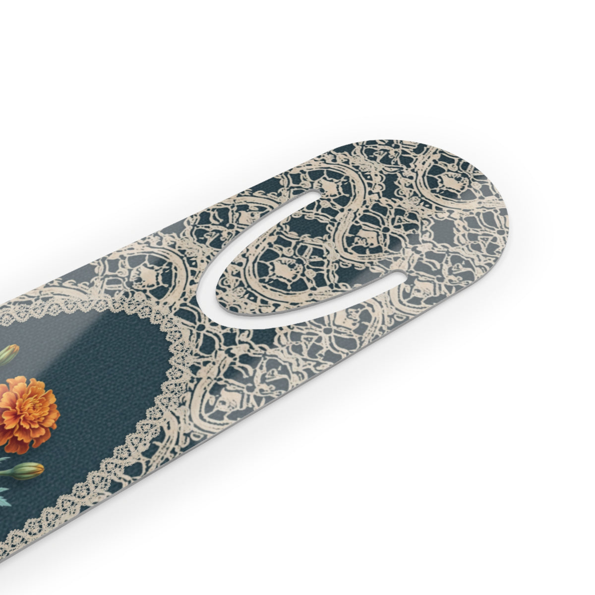 Metal bookmark with orange marigold, the October birth flower, in vintage lace floral art, view 3
