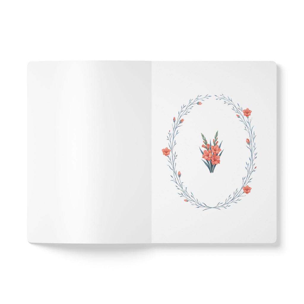 August birth flower journal with coral gladiolus oil painting art and lace border on a teal cover, view 4