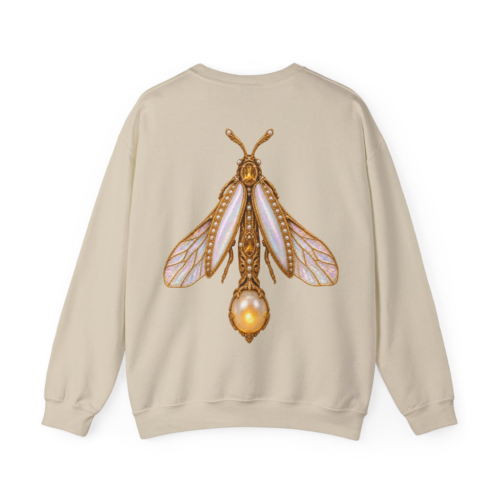 June birthstone sweatshirt with jeweled pearl firefly brooch art and personalized monogram, view 2