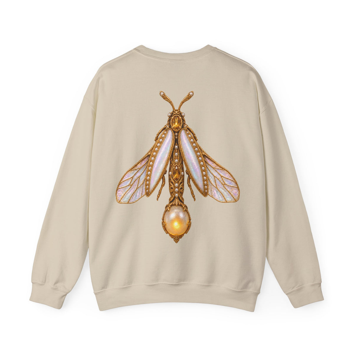June birthstone sweatshirt with jeweled pearl firefly brooch art and personalized monogram, view 2