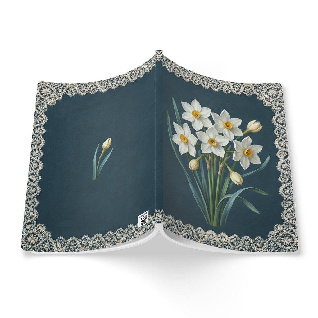 December birth flower journal with paperwhite narcissus oil painting art and lace border on a teal cover, view 8