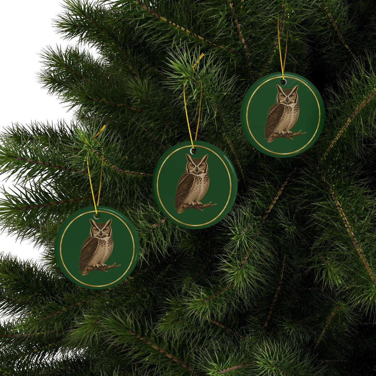 Owl Ornament, Woodland Creatures Christmas Ornament, Green and Gold Ceramic Ornament, Owl Lover Gift