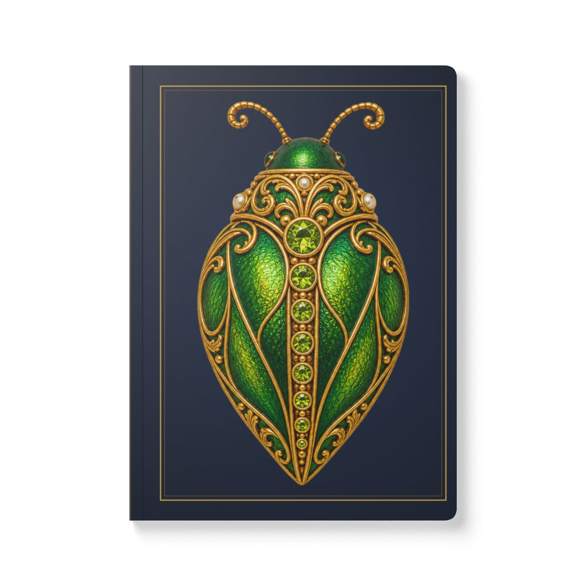 Jeweled peridot beetle journal with vintage brooch art on a navy cover, August birthstone gift, view 2