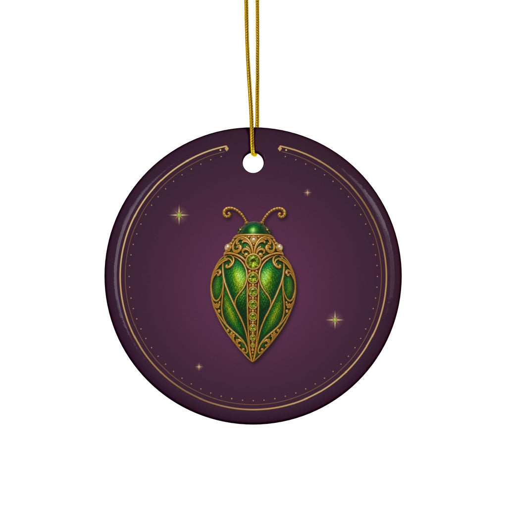 Personalized ceramic Christmas ornament with jeweled peridot beetle, August birthstone, view 2