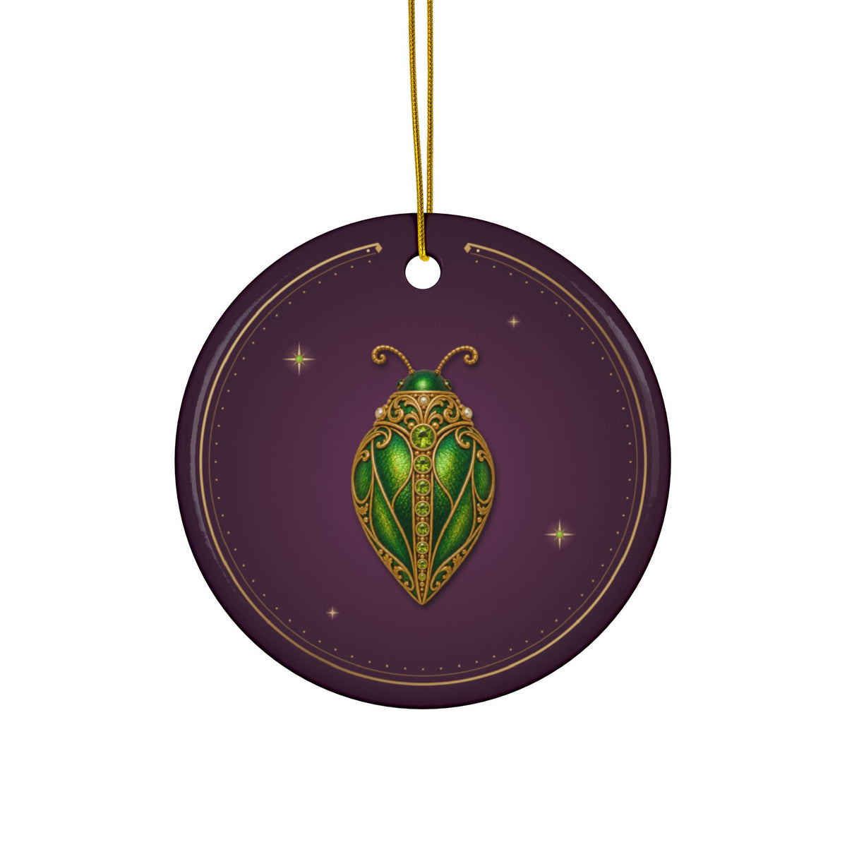 Personalized ceramic Christmas ornament with jeweled peridot beetle, August birthstone, view 2
