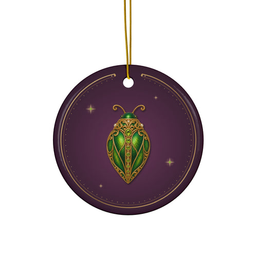 Personalized ceramic Christmas ornament with jeweled peridot beetle, August birthstone, view 2