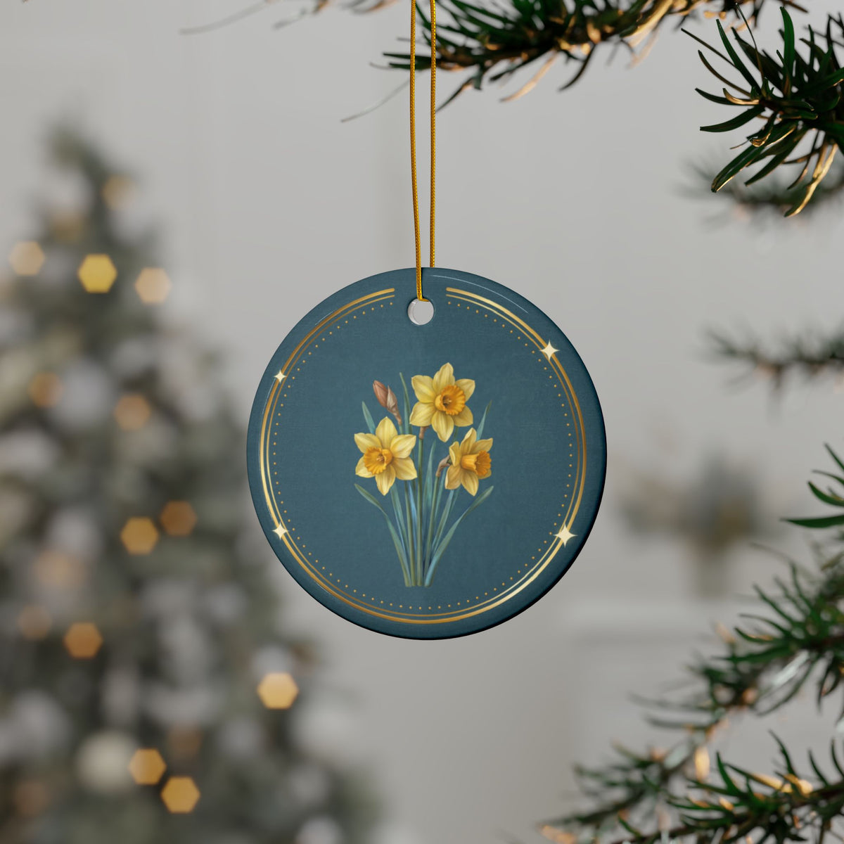 Personalized ceramic Christmas ornament with yellow daffodil, the March birth flower, view 2
