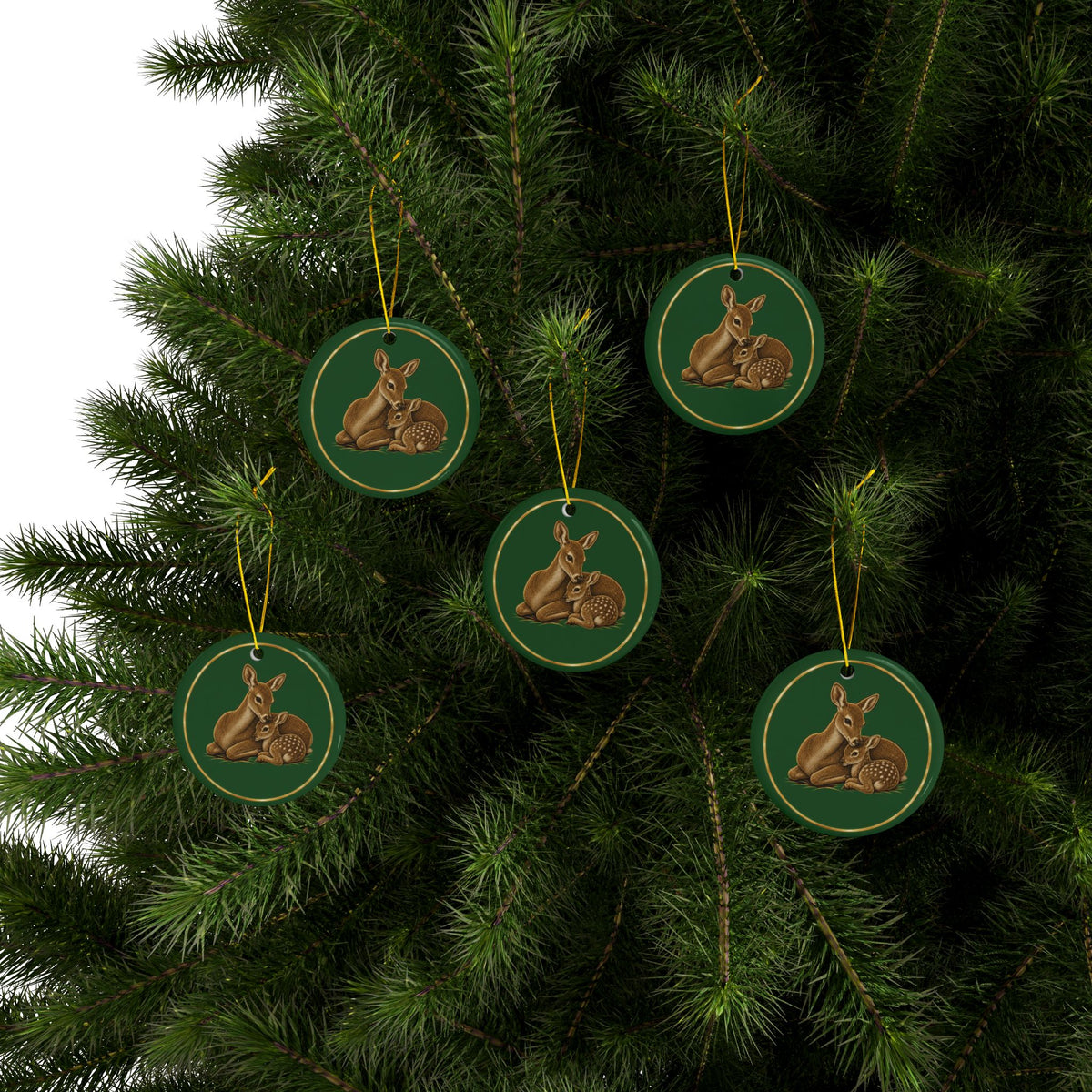 Doe and Fawn Ornament, Woodland Creatures Christmas Ornament, Green and Gold Ceramic Ornament, Mom Gift
