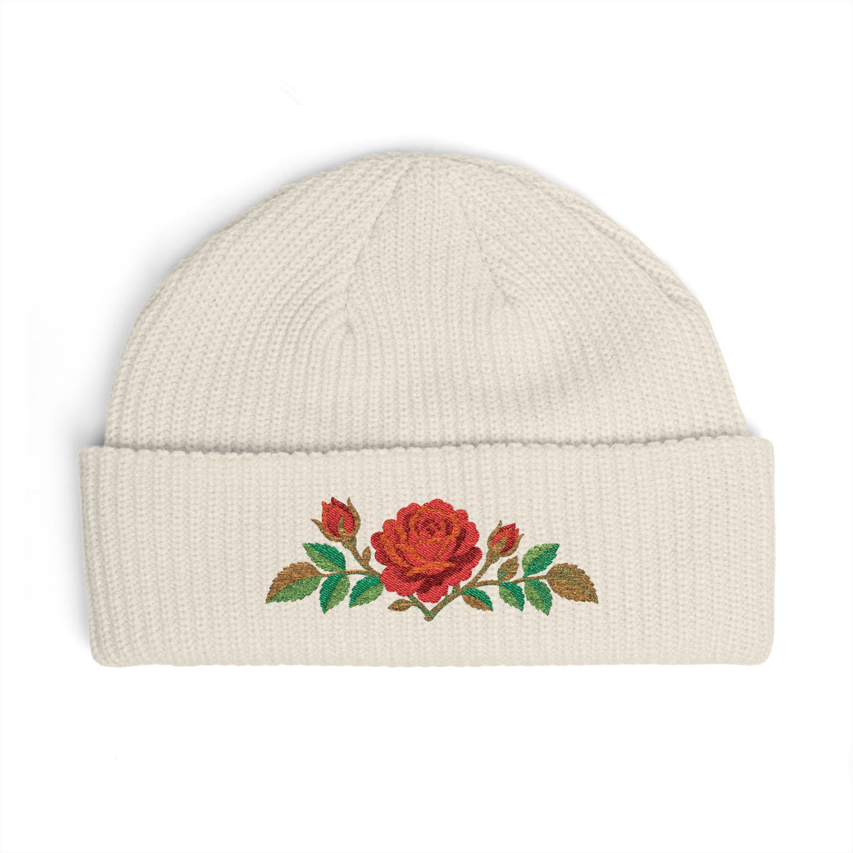 Cuffed knit beanie embroidered with the rose, June birth flower, view 3
