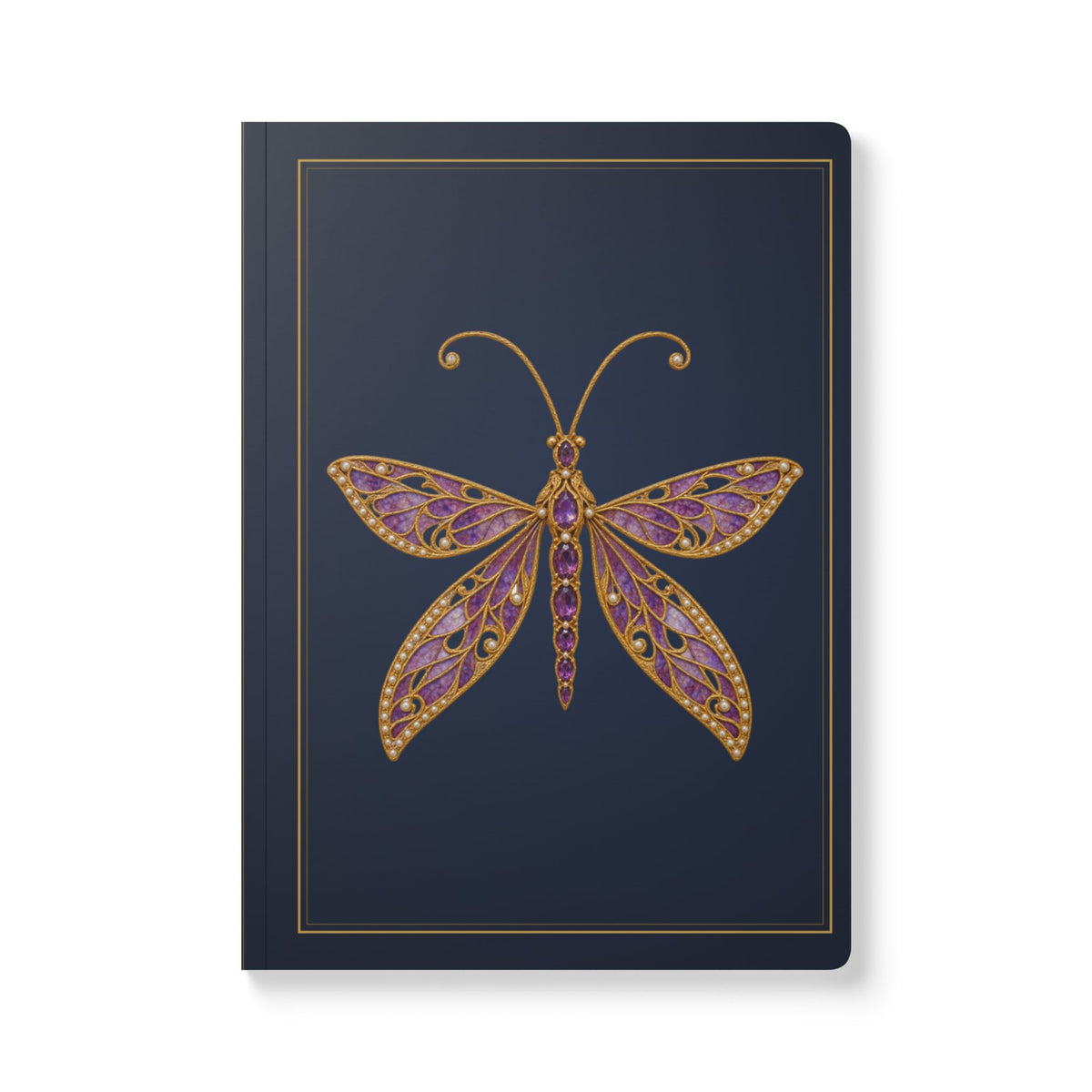 Jeweled amethyst lacewing journal with vintage brooch art on a navy cover, February birthstone gift, view 2