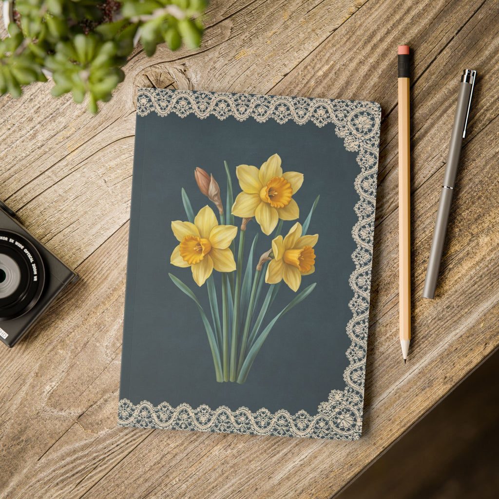 March birth flower journal with yellow daffodil oil painting art and lace border on a teal cover, view 11