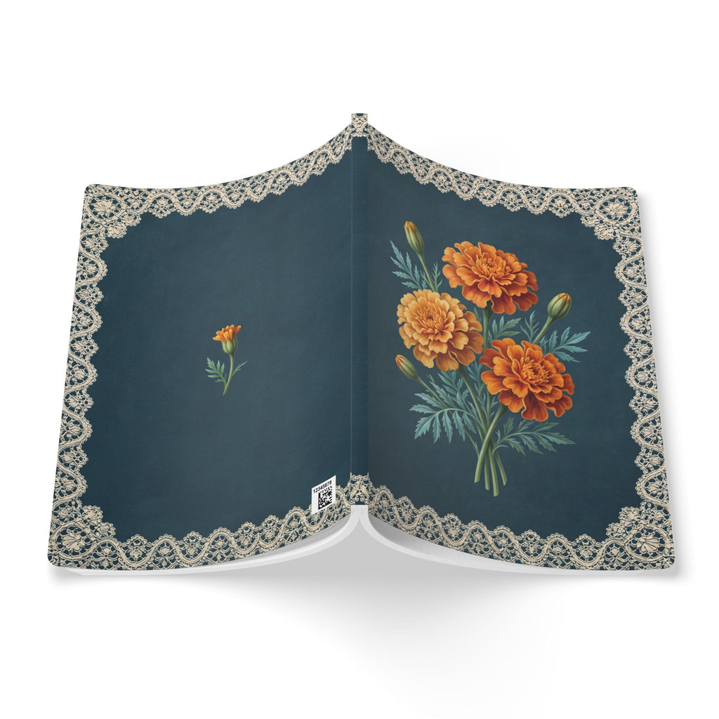 October birth flower journal with orange marigold oil painting art and lace border on a teal cover, view 8