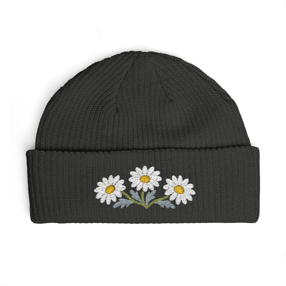 Cuffed knit beanie embroidered with the daisy, April birth flower, view 8