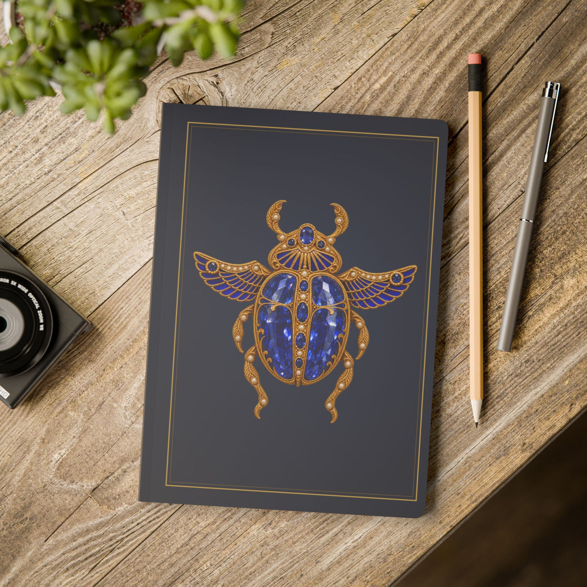 Jeweled sapphire scarab journal with vintage brooch art on a navy cover, September birthstone gift, view 12