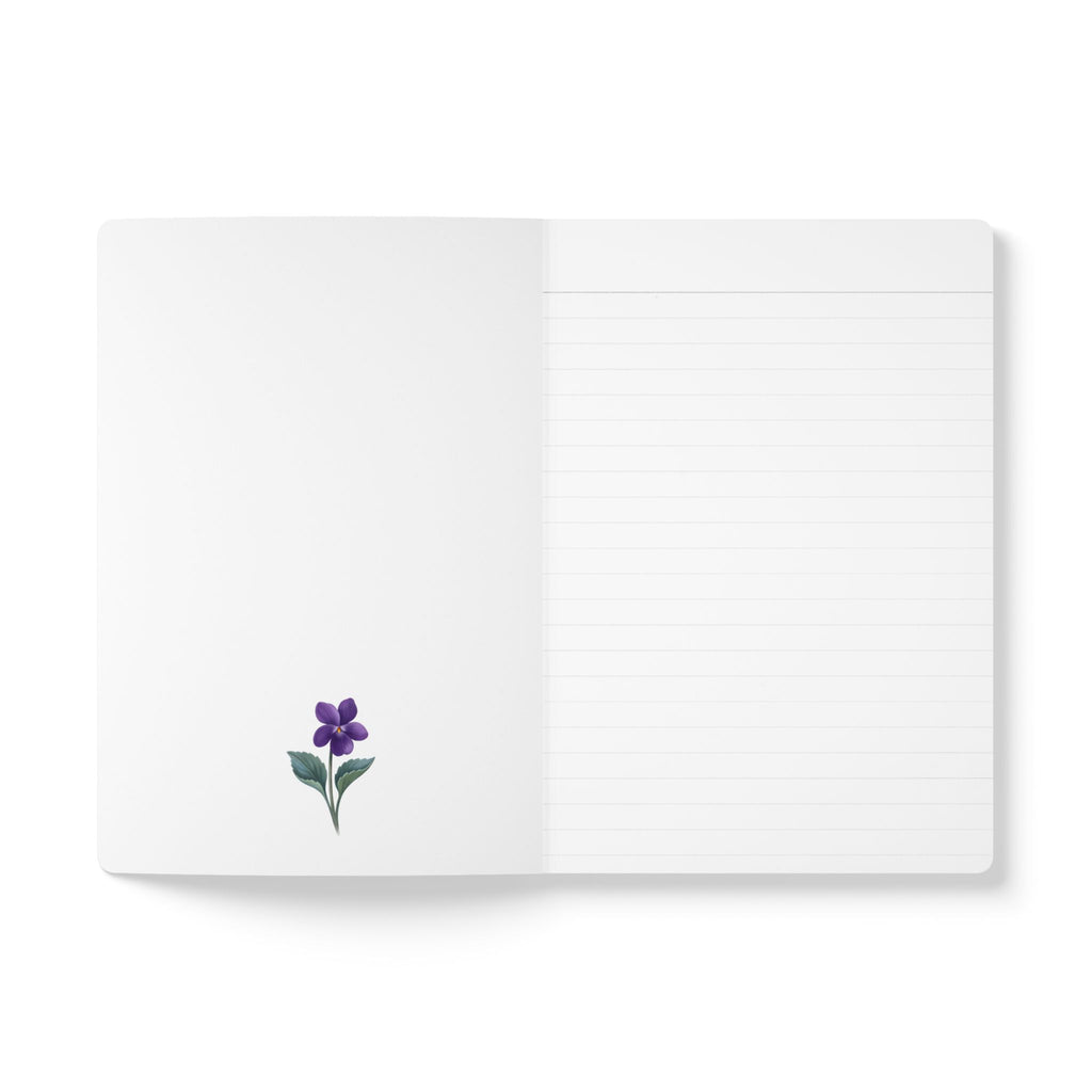 February birth flower journal with purple violet oil painting art and lace border on a teal cover, view 7