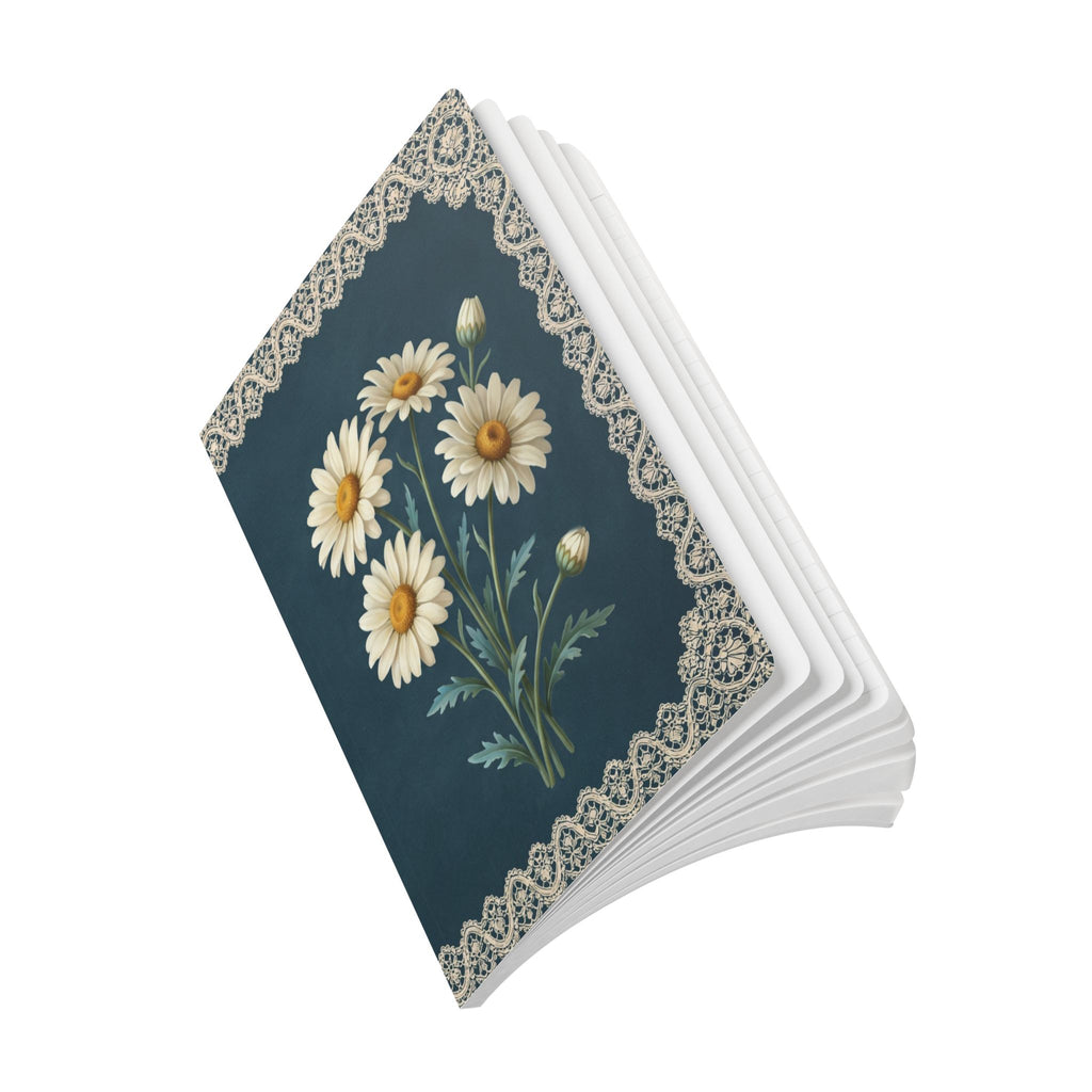 April birth flower journal with white daisy oil painting art and lace border on a teal cover, view 10