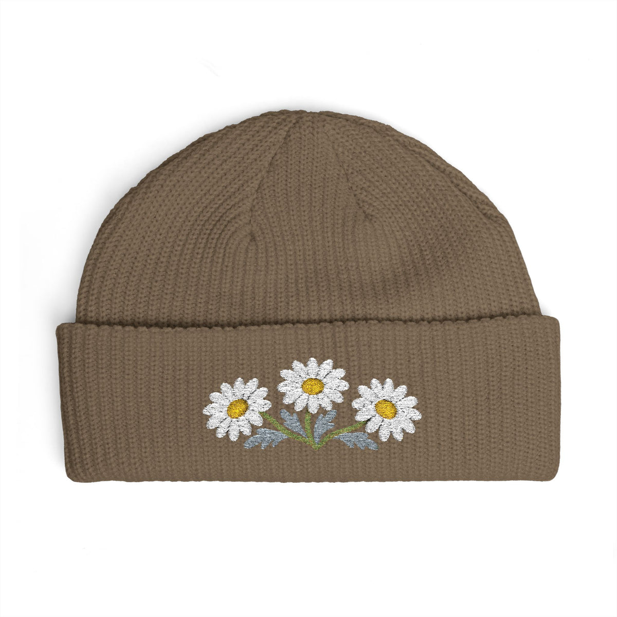 Cuffed knit beanie embroidered with the daisy, April birth flower, view 3