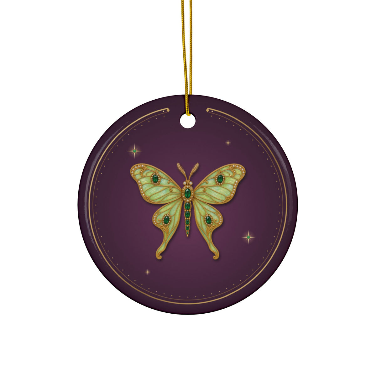 Personalized ceramic Christmas ornament with jeweled emerald luna moth, May birthstone, view 2