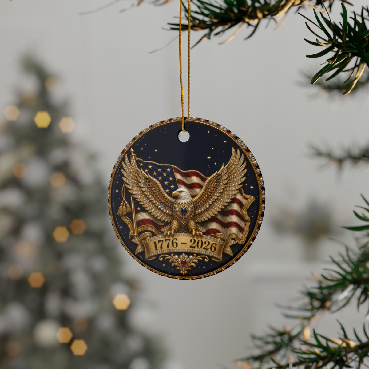 America 250 Ornament 1776 2026, Jeweled Gold Eagle and Flag Christmas Ornament, Navy Patriotic Ceramic Ornament, 250th Anniversary Gift