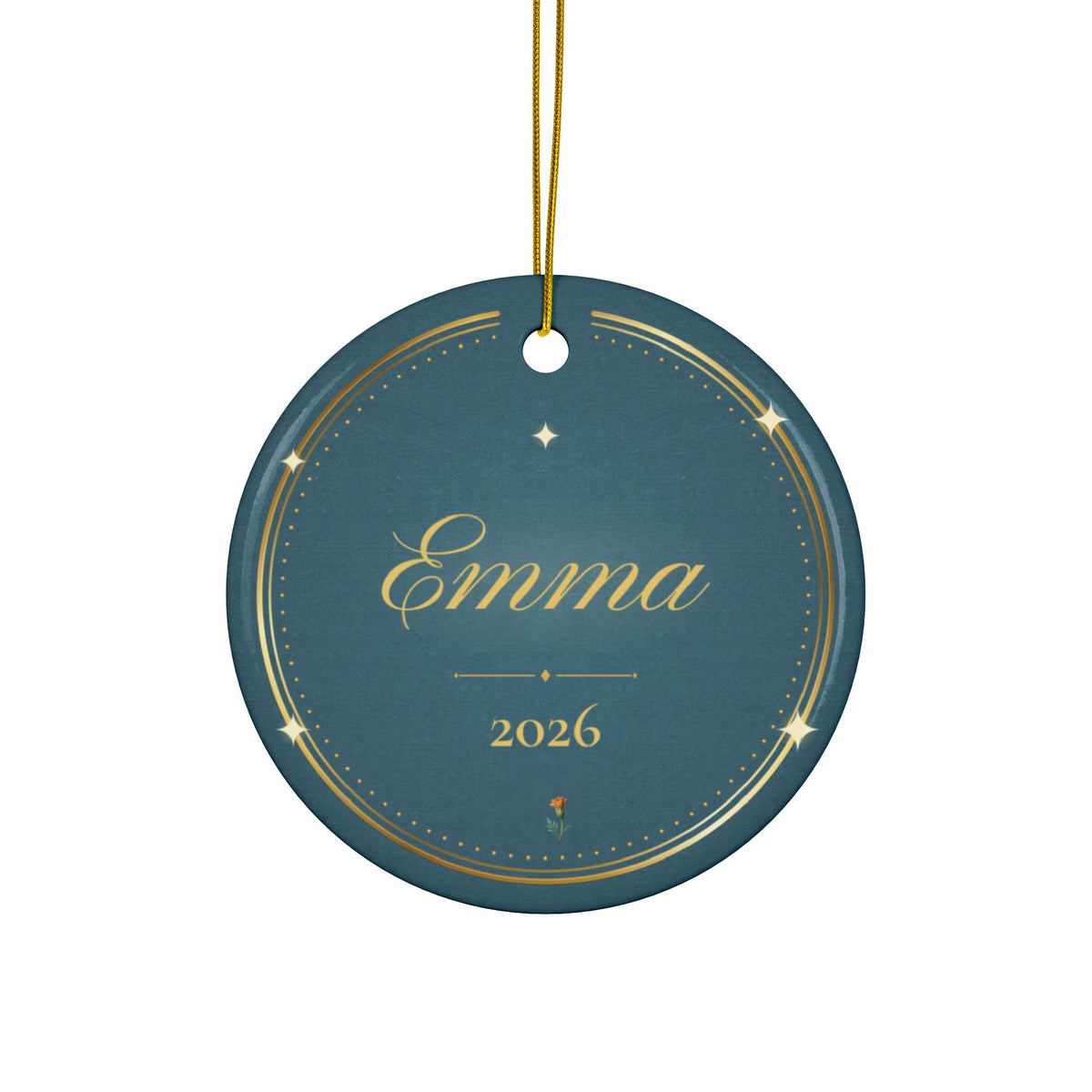 Personalized ceramic Christmas ornament with orange marigold, the October birth flower, view 4