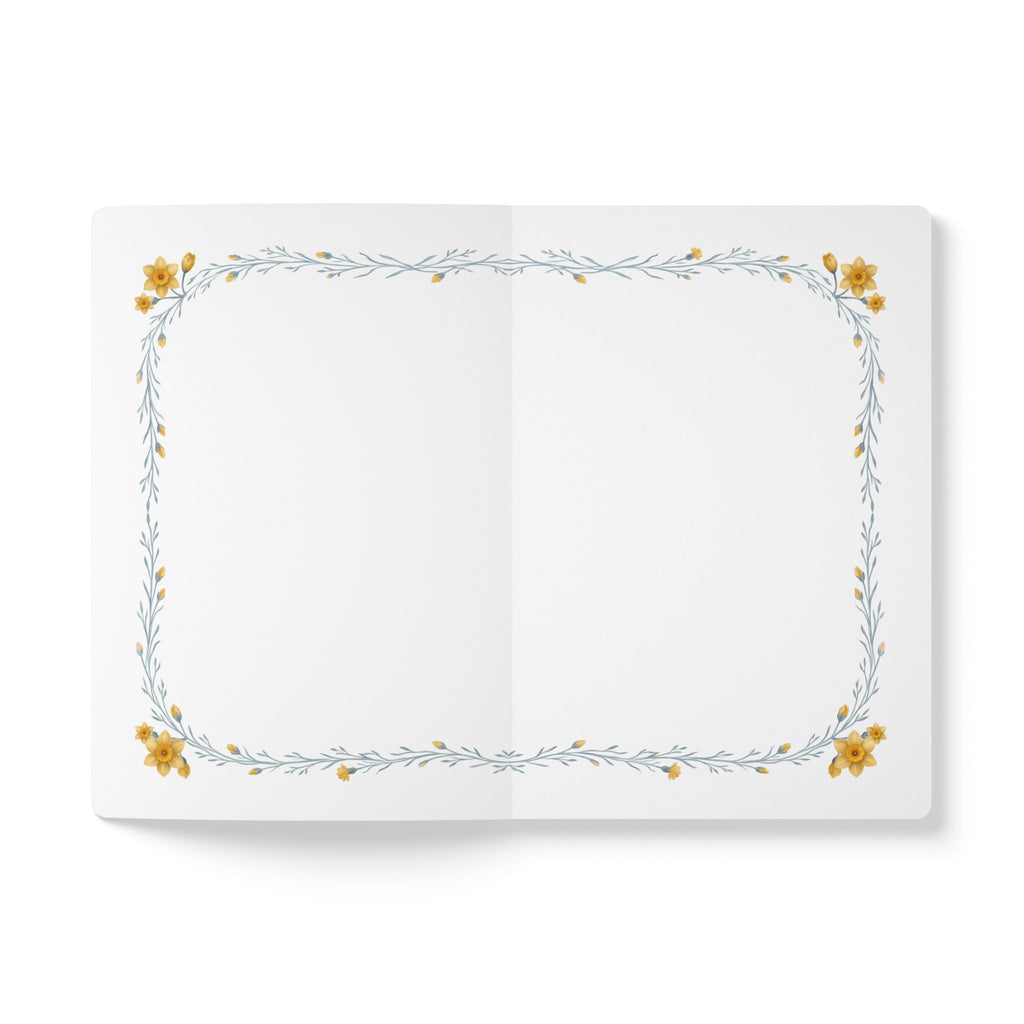 March birth flower journal with yellow daffodil oil painting art and lace border on a teal cover, view 6