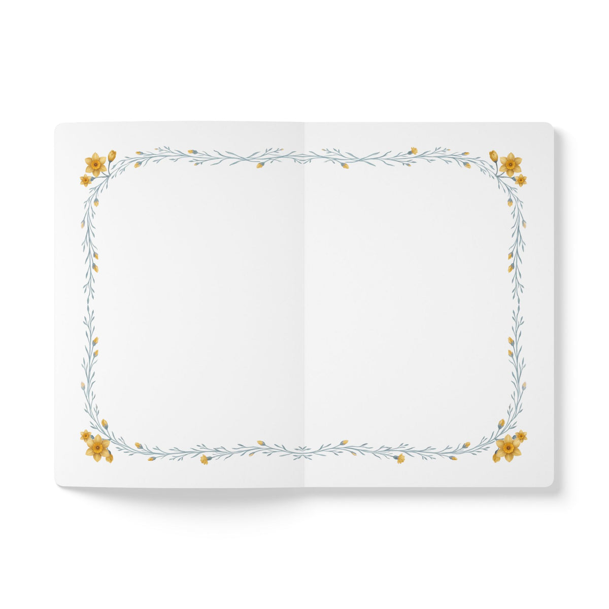 March birth flower journal with yellow daffodil oil painting art and lace border on a teal cover, view 6