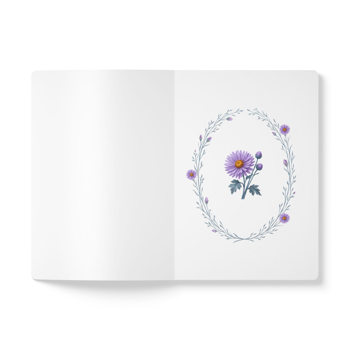September birth flower journal with purple aster oil painting art and lace border on a teal cover, view 4