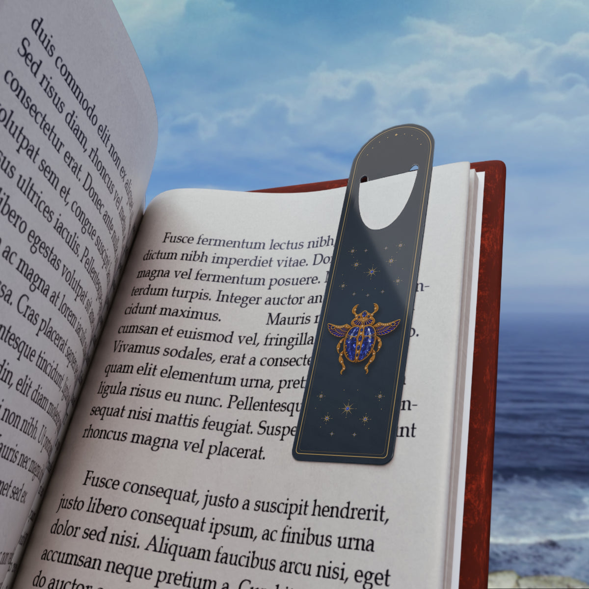 Metal bookmark with jeweled sapphire scarab, the September birthstone, in vintage brooch style, view 2