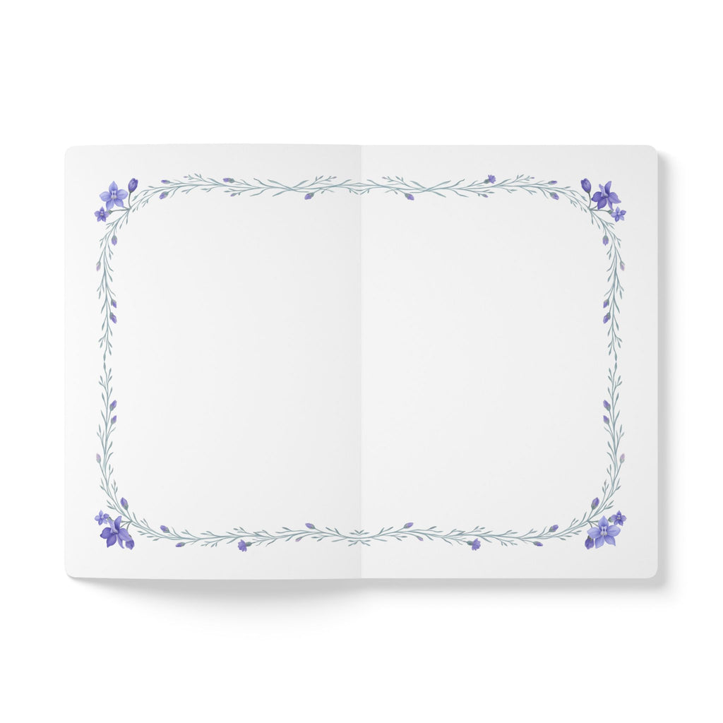 July birth flower journal with blue larkspur oil painting art and lace border on a teal cover, view 6