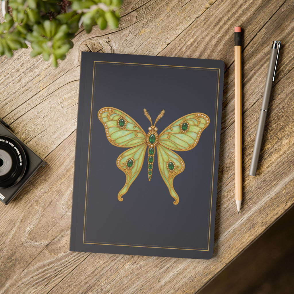 Jeweled emerald luna moth journal with vintage brooch art on a navy cover, May birthstone gift, view 12