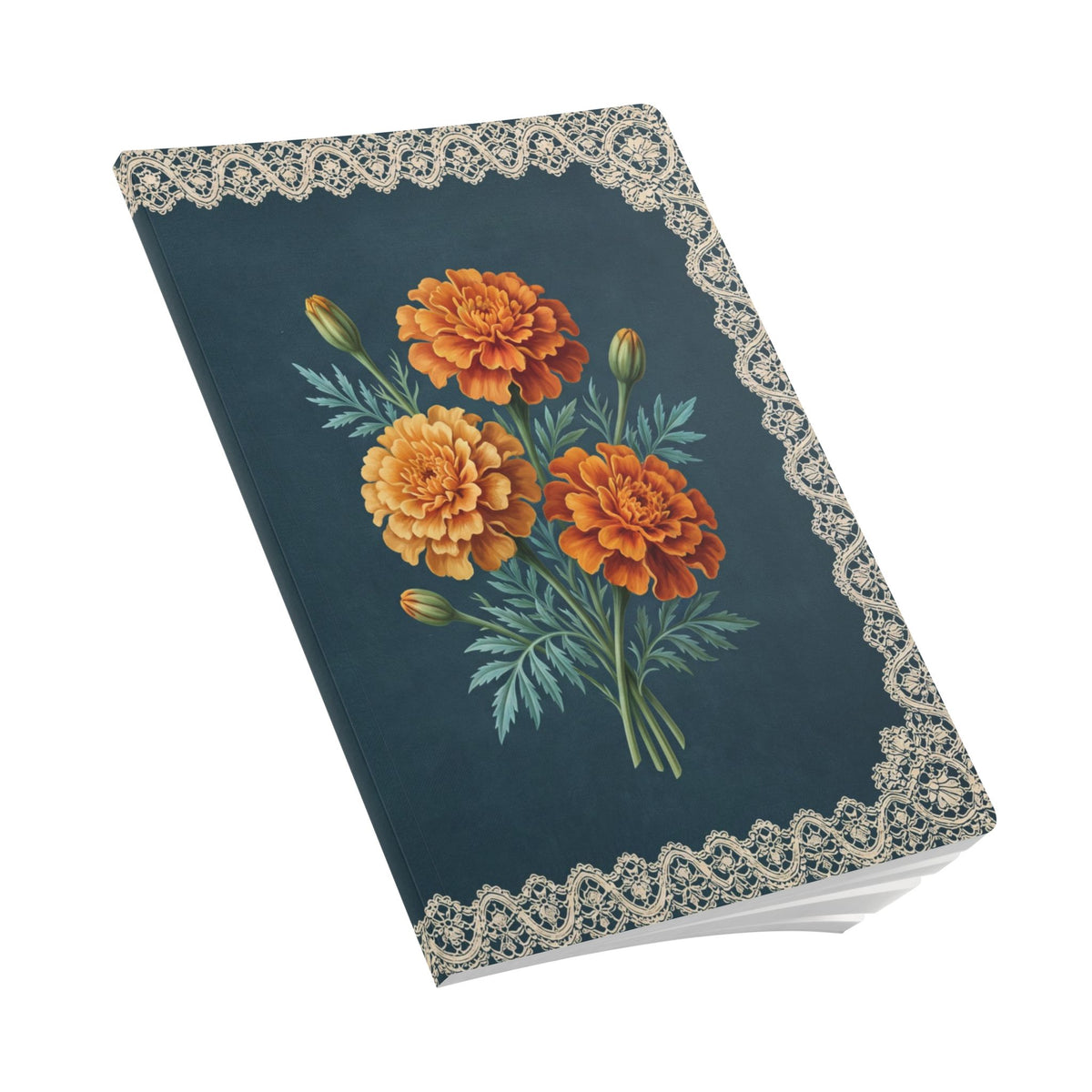 October birth flower journal with orange marigold oil painting art and lace border on a teal cover, view 9