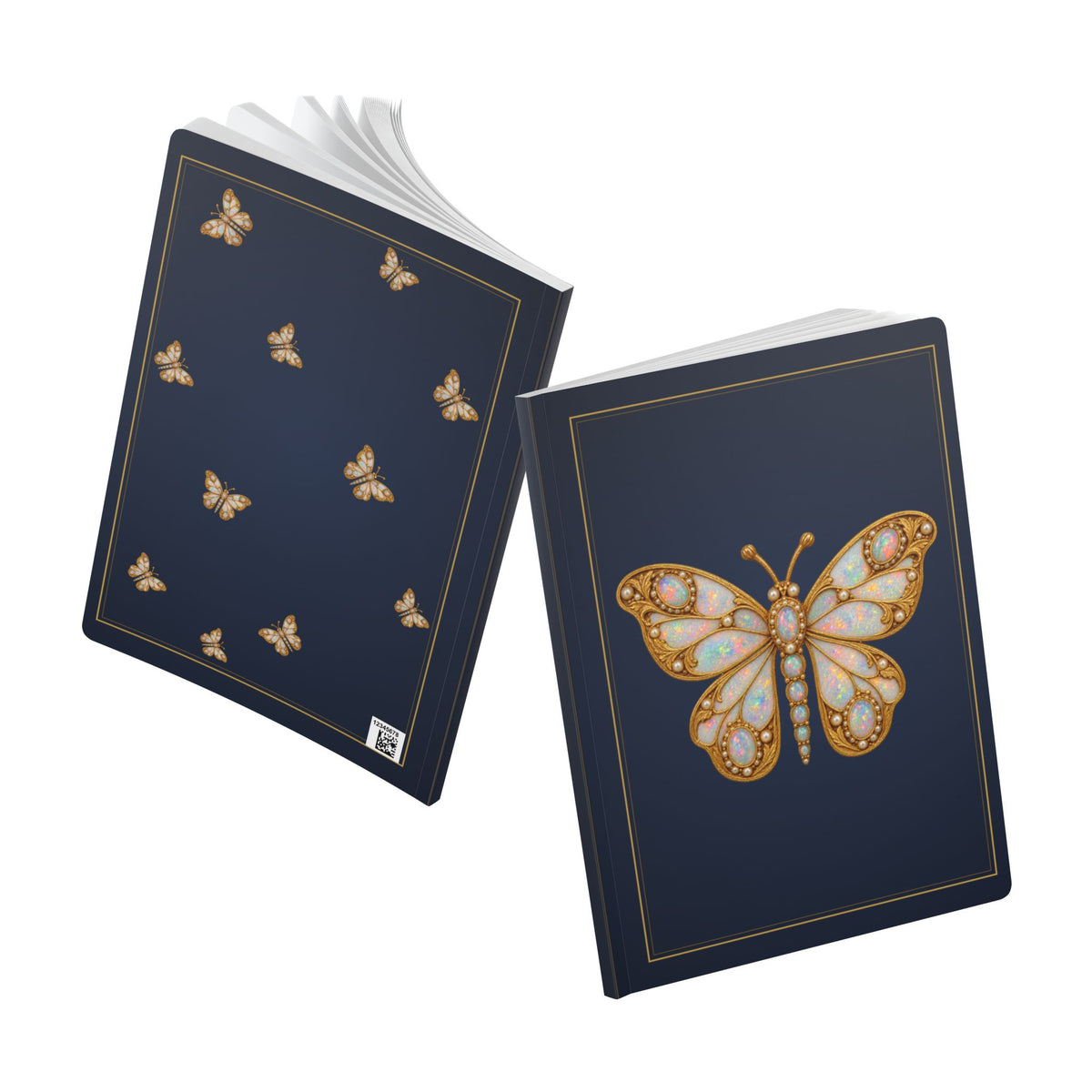 Jeweled opal butterfly journal with vintage brooch art on a navy cover, October birthstone gift
