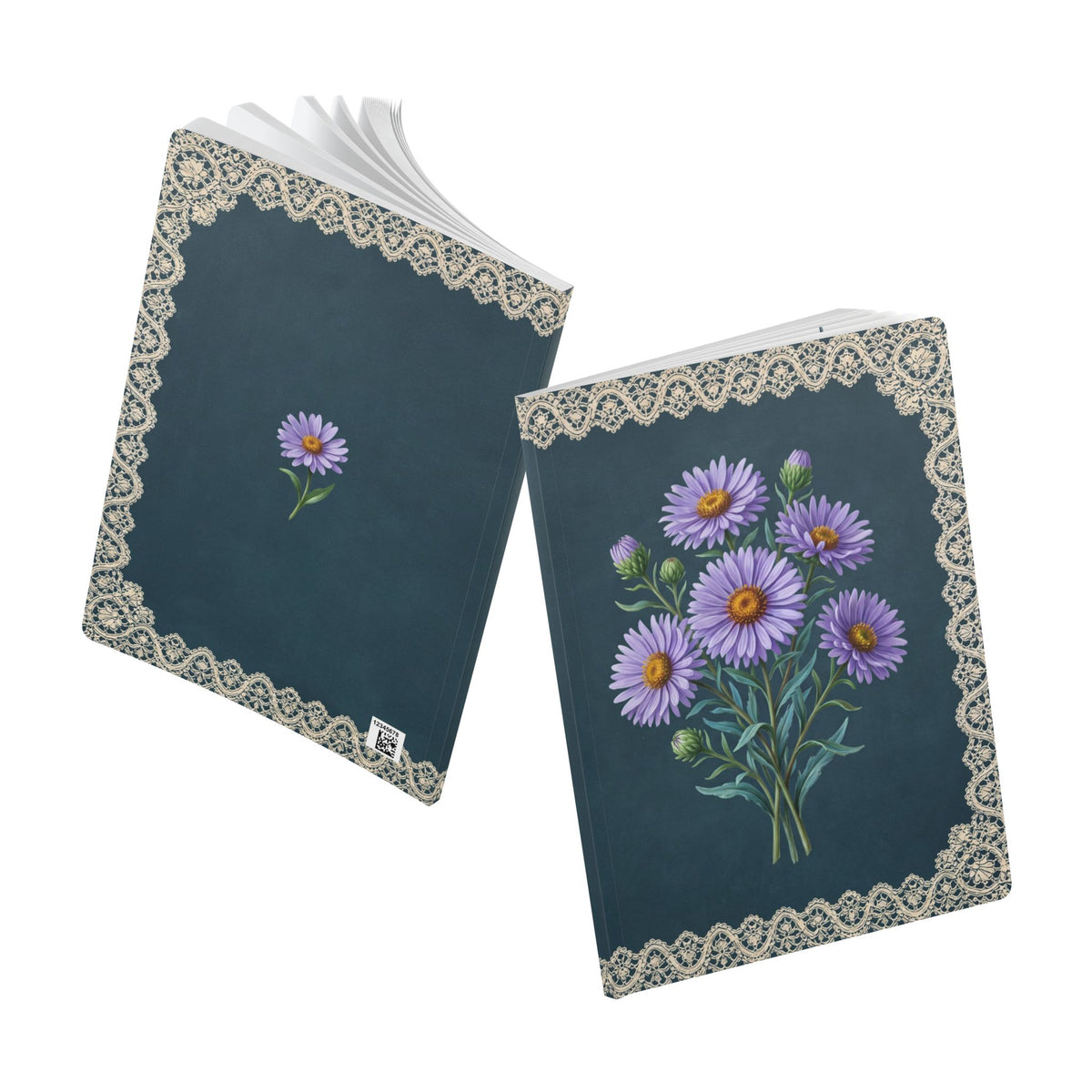 September birth flower journal with purple aster oil painting art and lace border on a teal cover