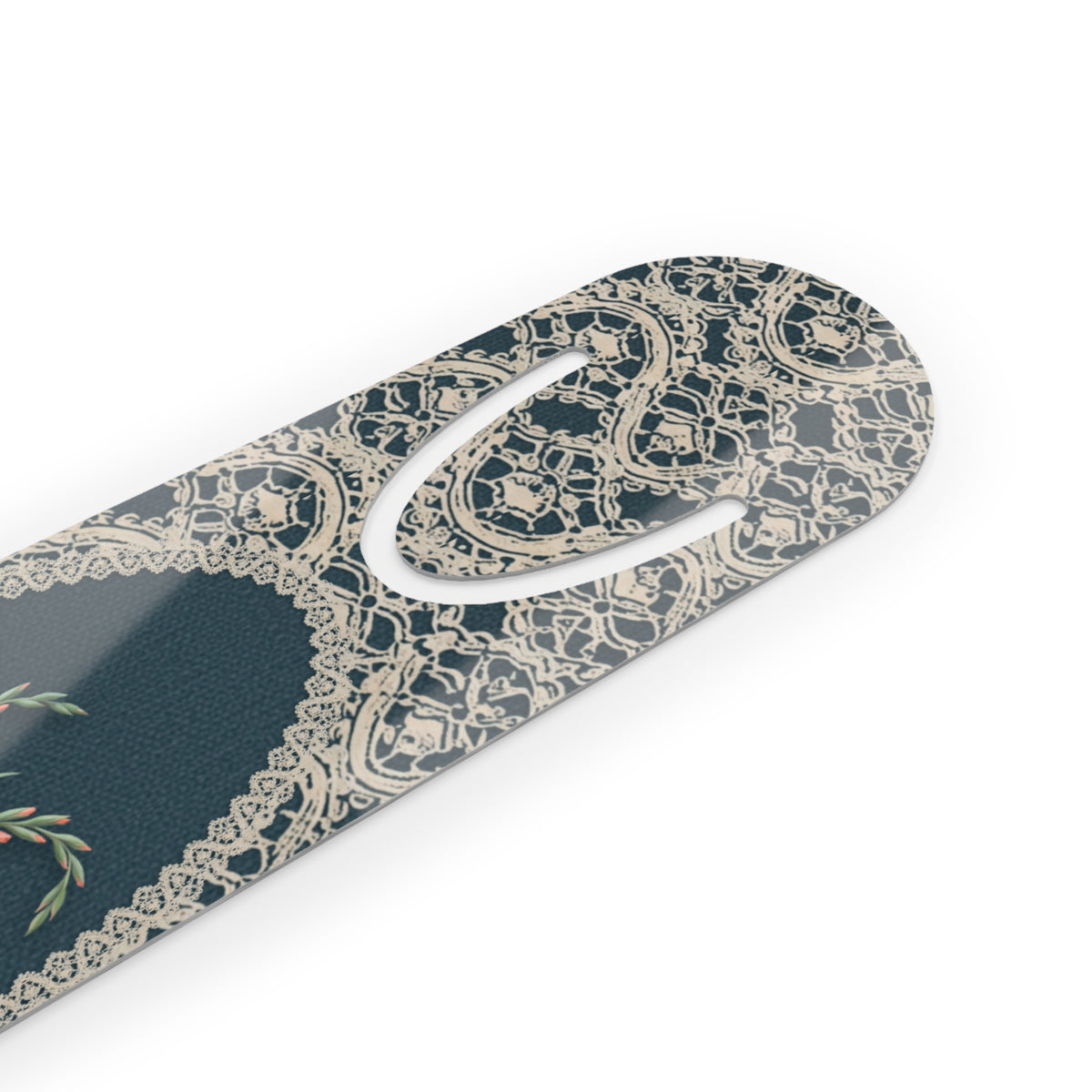 Metal bookmark with coral gladiolus, the August birth flower, in vintage lace floral art, view 3