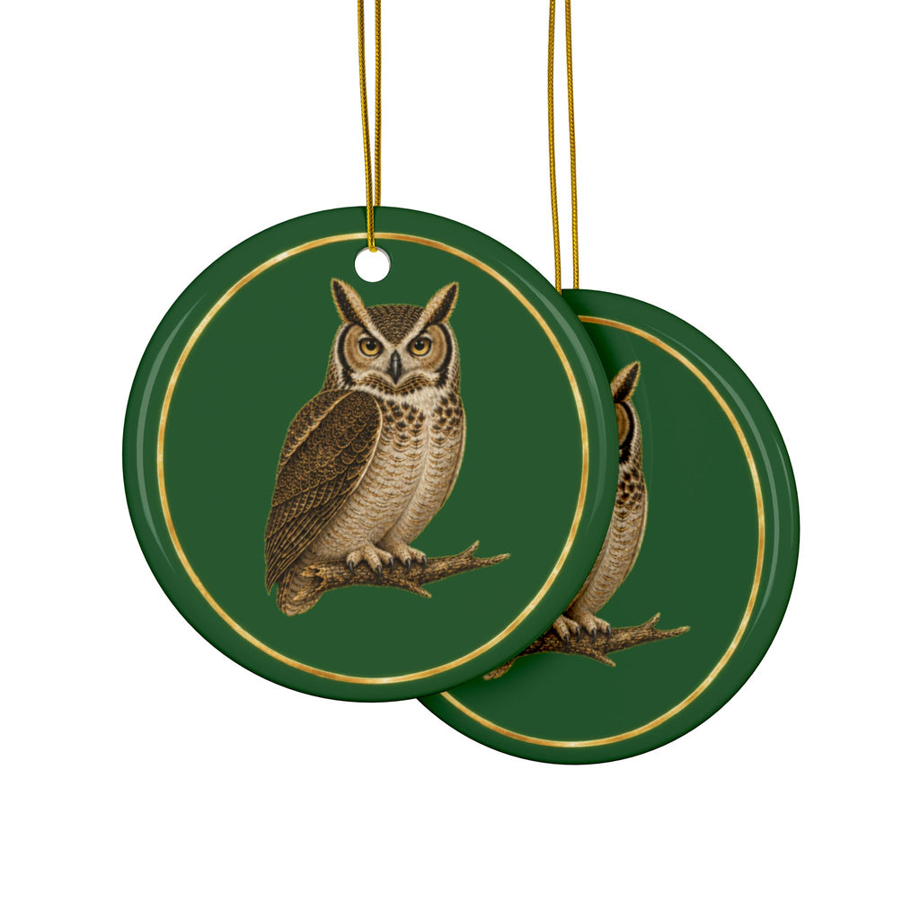 Owl Ornament, Woodland Creatures Christmas Ornament, Green and Gold Ceramic Ornament, Owl Lover Gift