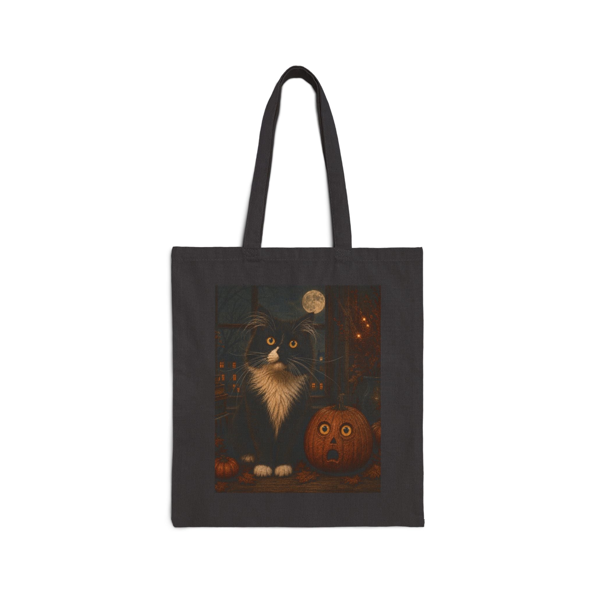 Halloween Black Cat Tote Bag, Frazzled Tuxedo Cat Canvas Tote, Funny Halloween Teacher Bag, Spooky Cat Lover Gift