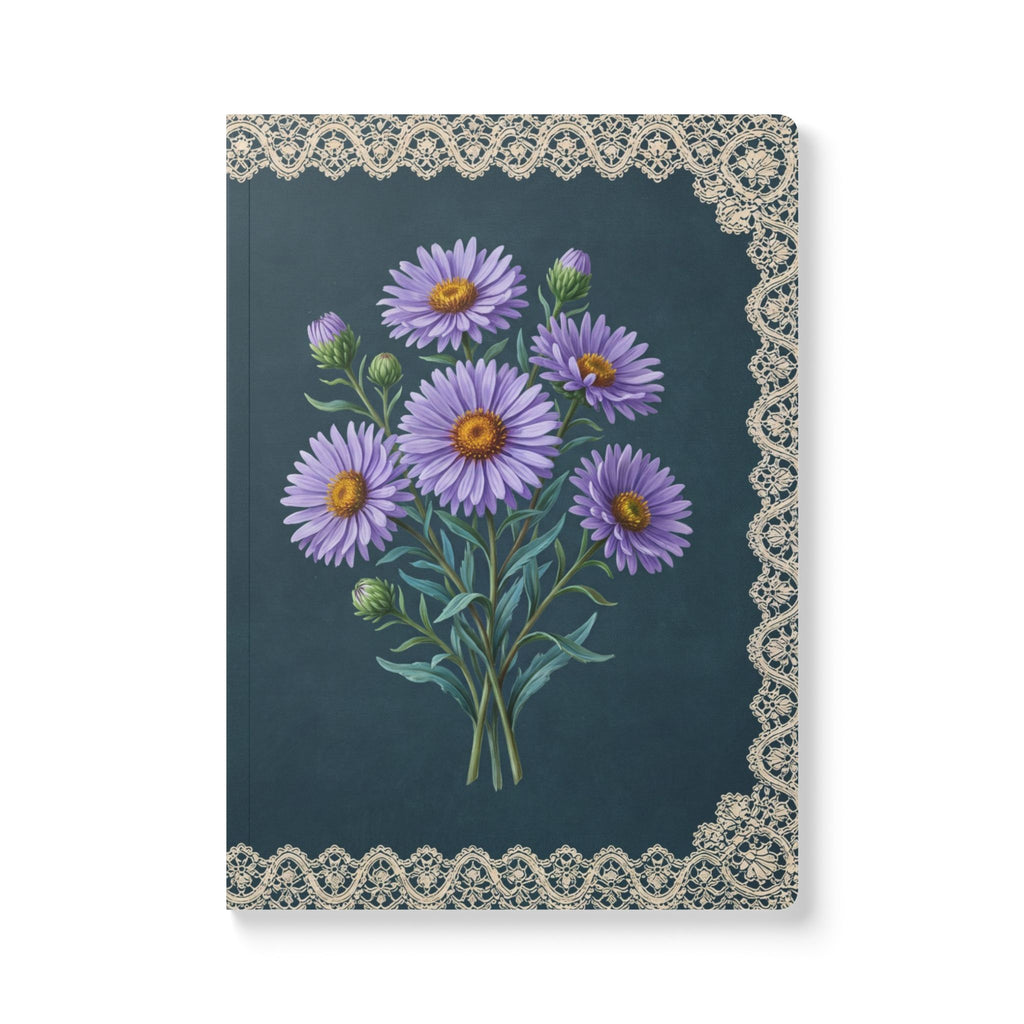 September birth flower journal with purple aster oil painting art and lace border on a teal cover, view 2