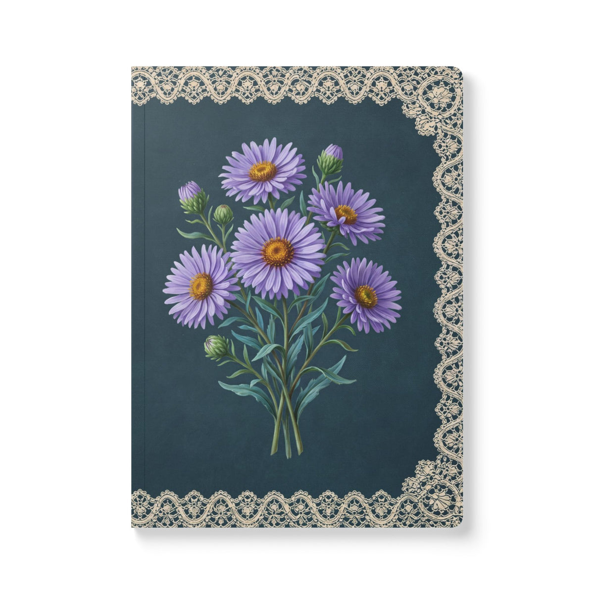 September birth flower journal with purple aster oil painting art and lace border on a teal cover, view 2