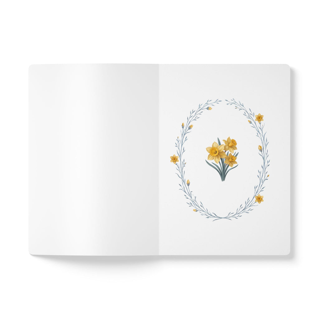 March birth flower journal with yellow daffodil oil painting art and lace border on a teal cover, view 4