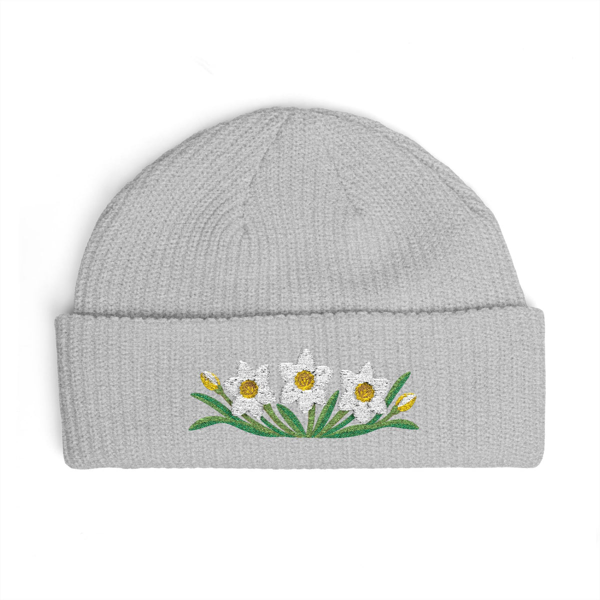 Cuffed knit beanie embroidered with the narcissus, December birth flower, view 3