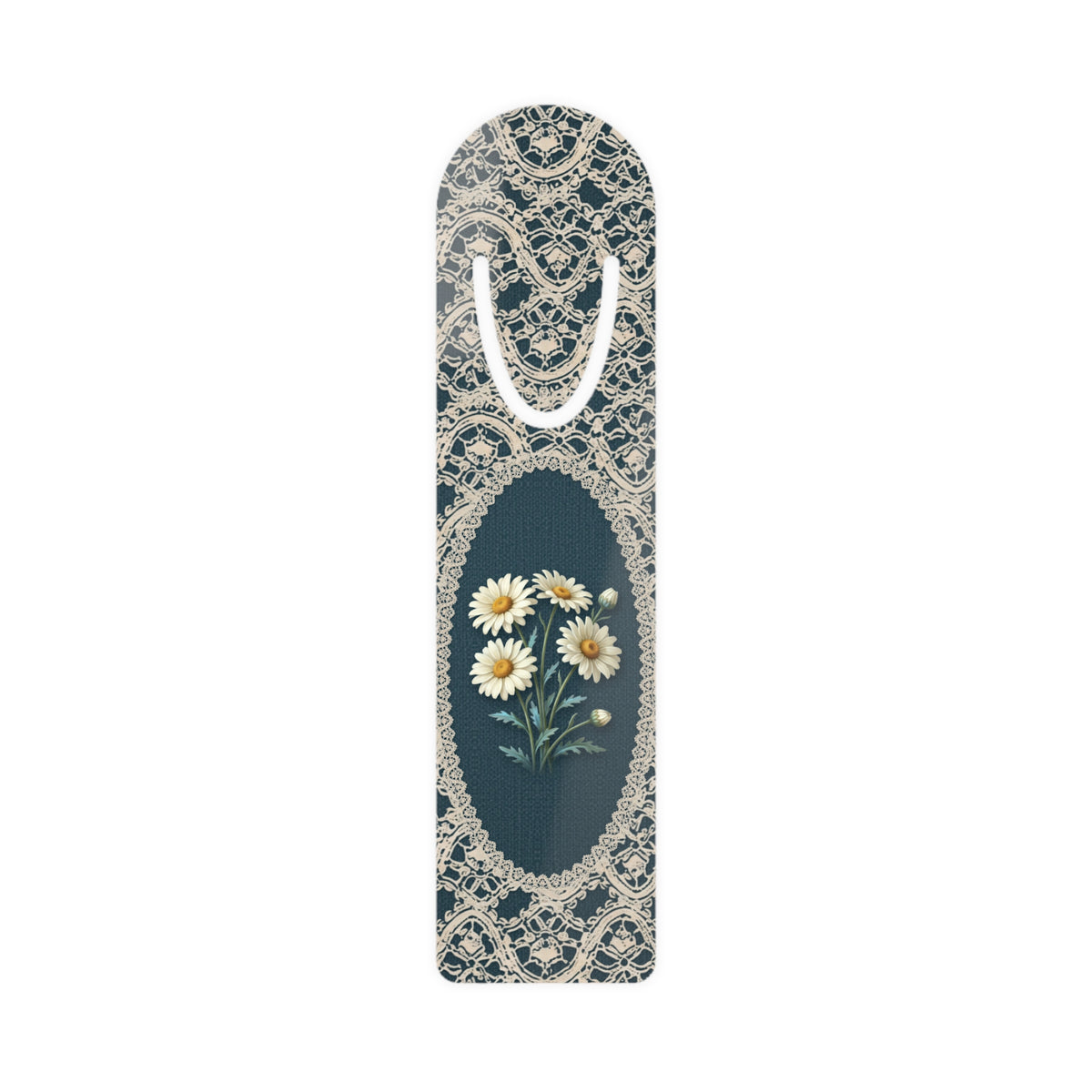 Metal bookmark with white daisy, the April birth flower, in vintage lace floral art