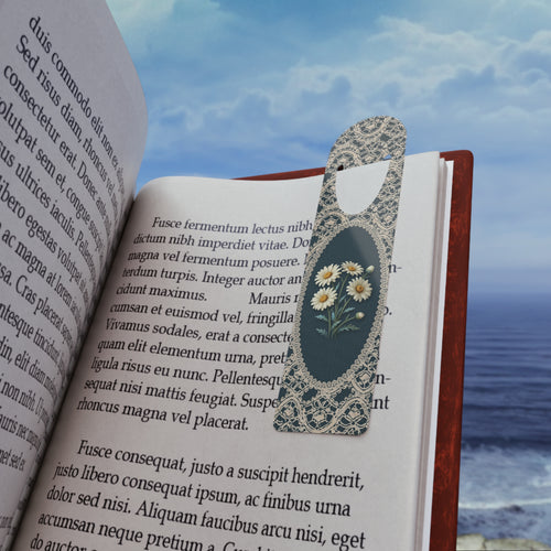 Metal bookmark with white daisy, the April birth flower, in vintage lace floral art, view 2