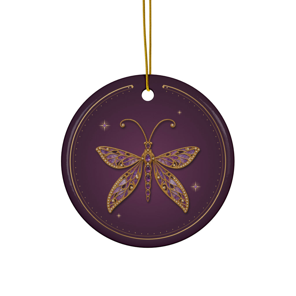 Personalized ceramic Christmas ornament with jeweled amethyst lacewing, February birthstone, view 2