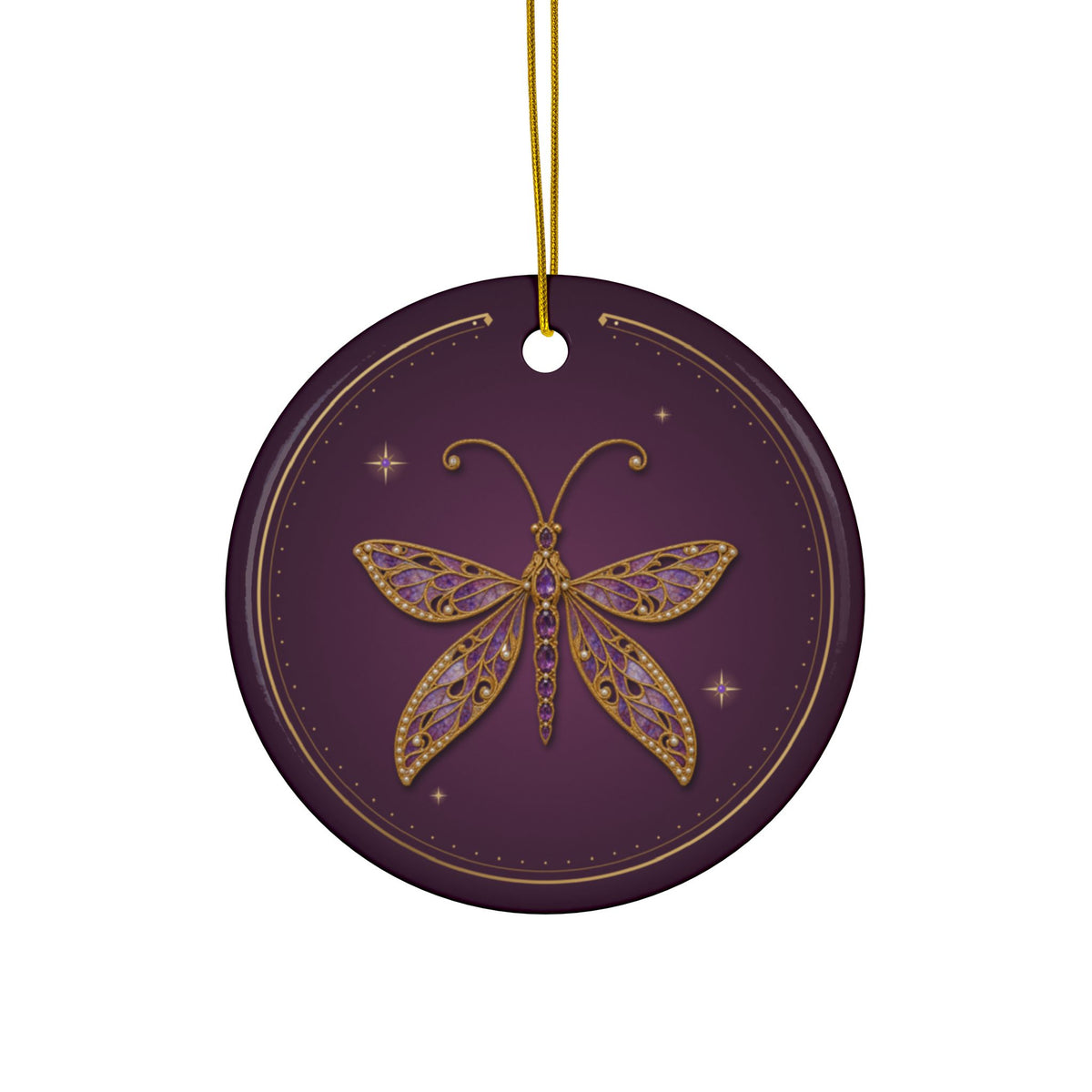 Personalized ceramic Christmas ornament with jeweled amethyst lacewing, February birthstone, view 2