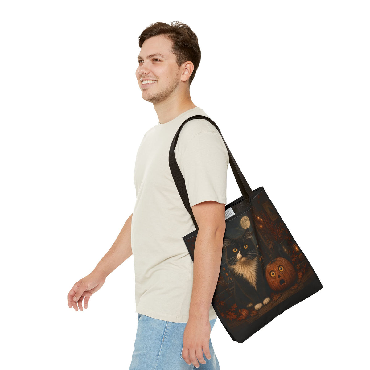 Frazzled tuxedo cat and vintage pumpkin tote bag, view 4