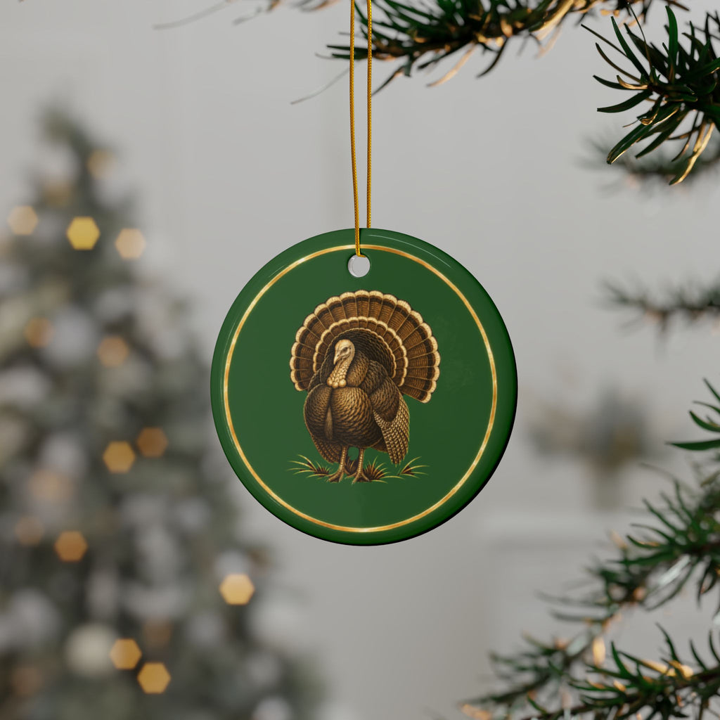 Turkey Ornament, Woodland Creatures Christmas Ornament, Green and Gold Ceramic Ornament, Turkey Hunter Gift