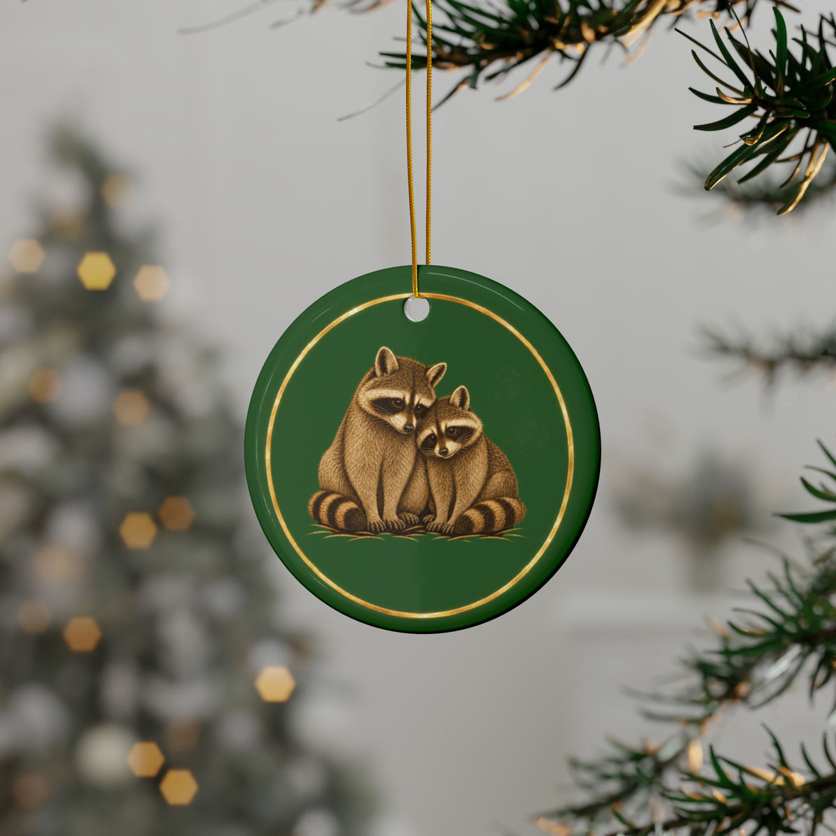Raccoons Ornament, Woodland Creatures Christmas Ornament, Green and Gold Ceramic Ornament, Raccoon Gift